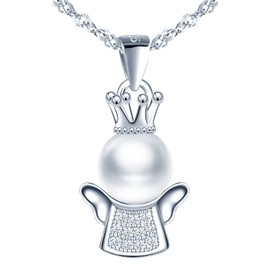 Yumilok 925 Sterling Silver Women's Necklace with Freshwater Cultured Pearl and Zirconia Angel Guardian Angel Pendant Necklaces Necklace for Women Girls, Sterling Silver Pearl, Cubic Zirconia