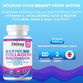Marine Collagen Complex with Vitamin C, Hyaluronic Acid, Biotin | 1000mg Hydrolysed Type I Collagen Supplement for Hair Skin Nails | 120 Capsules - 2 Month Supply | Made in UK by Shivay Herbals