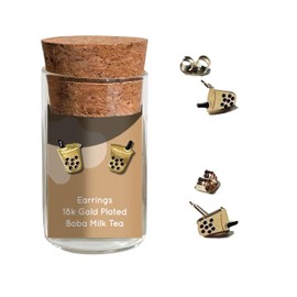 Plant Dosage Dainty Little Tiny Things Asian Takeout - Boba Milk Tea Stud Earrings, Black Plated Cute Glass Jar Packaging – Plastic-Free - Foodie Gift, 18k Gold Plated (Earrings)