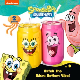 Dragon Glassware x SpongeBob SquarePants Drinking Glasses - 16 oz Glass Cups with Lids and Straws Set of 2 - SpongeBob Cups with Lids and Straws - Reusable Sipper Tumbler - Character Faces