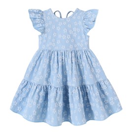 Toddler Baby Girl Boho Dress Linen Ruffle Sleeveless Casual Dress Kids Solid Floral Summer Beach Sundress(Blue Floral, 12-18M)