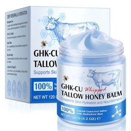 GHK-Cu Copper Peptide Beef Tallow for Skin, Tallow and Honey Balm with Manuka Honey & Vitamin E, Natural Anti-Aging Tallow Face Moisturizer, Deep Hydration for Dry Skin (4.2 OZ (Pack of 1))