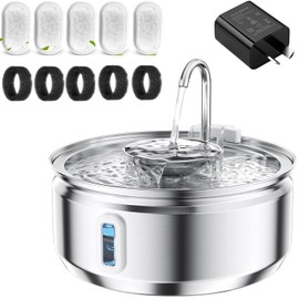 Cat Water Fountain Stainless Steel, 3.2L/108oz Cat Fountain with Water Bowl, Pet Water Fountains for Cats Dogs, Pet Fountain with Five Filters, Water Level Window