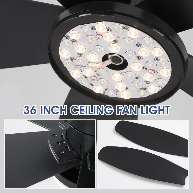 Surtime Flush Mount RGB Ceiling Fans with Lights-36 Low Profile