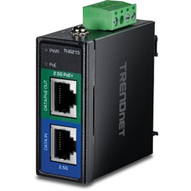 TRENDnet Industrial 2.5G PoE+ Injector, TI-IG215, Up to 100m (328 ft.), Extreme Temperature Ready, IP50, Supports (15.4W), (30W), NDAA & TAA Compliant, DIN-Rail Mount, Wall Mount