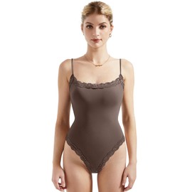 SUUKSESS Women Square Neck Lace Bodysuit Double Lined Sleeveless Spaghetti Strap Tank Top (Brown,S)