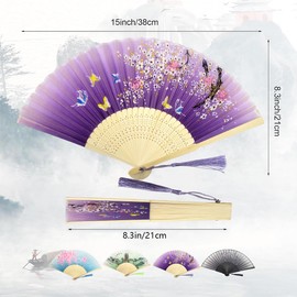 Garegce 4PCS Folding Hand Fans with Tassel for Women, Silk Fabric and Hollow Carved Bamboo Manual Vintage Chinese Style Fan for Wedding Christmas Party Gifts Home Wall Decorations