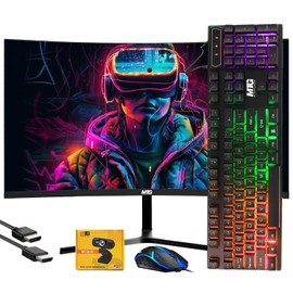 MTG 24-inch Curved Gaming Monitor - Full HD 1080P, Frameless Design, Low Motion Blur, VESA Mount, HDMI/DP/Audio/USB Ports, with Webcam and RGB Keyboard and Mouse Combo for Home and Office