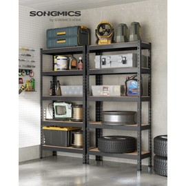 SONGMICS 5-Tier Storage Shelves, Set of 2 Garage Storage, Boltless Assembly, Adjustable Shelving Units, 11.8 x 29.5 x 59.1 Inches, Load 1929 lb Each, Shed Warehouse Basement, Black UGLR300B02