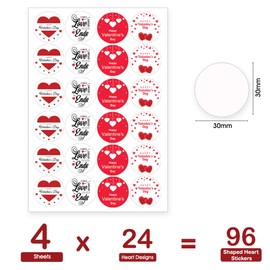 Pack of 96 Valentine's Stickers 30mm Couple Love Heart Sticker with Waterproof Ideal for Presentation, Sweet Cone SNP58 Packwith®