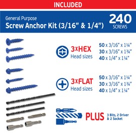 Blue Multi Purpose Blue Concrete Screw Mix Kit - 240 pcs (3/16x1-1/4, 3/16x1-3/4 & 1/4x1-1/4 w/ 2 Sockets & 3 Drill Bits - Use in Concrete, Masonry, Wood & Brick