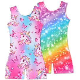 Taubow 2 Packs Toddler Gymnastics Leotards 2t 3t Rainbow Unicorn Tumbling Outfit Biketard with Shorts Gymnastics Outfit