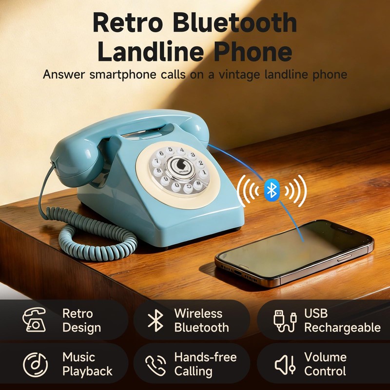 Bluetooth Landline Phone for Cell Phone, Retro Wireless Home Phones,Blue