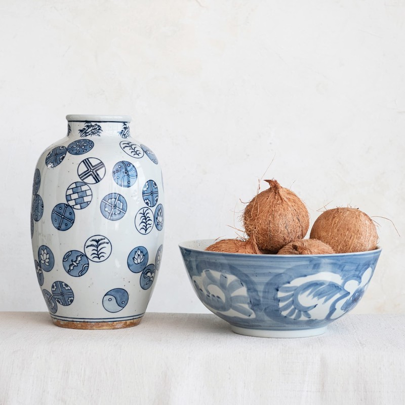 Creative Co-Op Hand Painted Stoneware Bowl with Floral Design, Blue
