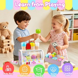 Wooden Ice Cream Toys - Counter Shop Playset - Preschool Toys for Kids 3+