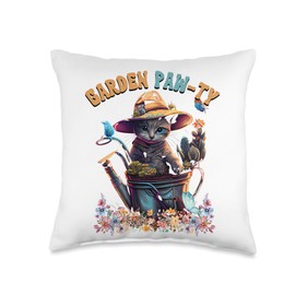 Garden Paw-ty Cat Mom Gardening Goddess Garden Vacation Throw Pillow