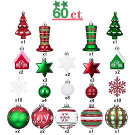SVNVIOZ Christmas Baubles, 60 Pack 8cm Christmas Bauble Ornaments, Delightful Elf Red, Green and White Christmas Baubles, Shatterproof Christmas Baubles for Christmas Tree Decoration