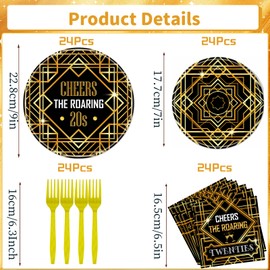 Refavor Roaring 1920s Party Tableware Decorations, 96PCS 20's Party Plates Forks and Napkins Set Party Supplies, Disposable Retro Jazz Cheers the Twenties Paper Plates Decor