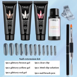 Fcozpjk Poly Gel Nail Kit 3 Colors Wine Red Brown Poly Gel With Chunky Glitter Iridescent Builder Gel Nail Kit Slip Solution Dual Nail forms Nail Clips for Poly Gel Nail Starter Kit Home Manicure