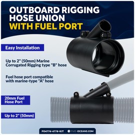 Five Oceans Outboard Rigging Flange with Fuel Hose Port and Hose Union Kit, Boat Rigging Tube for Cables and Fuel Lines Access, Black - FO4776-4778-KIT-FM