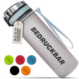 #teamludorf MiniCampos Water Bottle – Individually Printable – Leak-Proof – BPA Free Tritan – Plastic with Lockable Lid – Drinking Device – Hand Strap – 600 ml (Transparent)