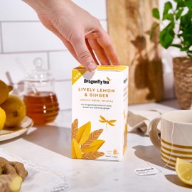 Dragonfly Lively Lemon and Ginger Tea, 4 x 20 Organic Tea Bags (80 Teabags), Warming & Zesty Lemon & Ginger Tea Bags, Invigorating Herbal Tea, Refreshing & Fiery, Plastic Free Tea Bags