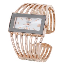 Blekon Collections Ladies Fashion Watch - Rectangular Analog Quartz Sturdy Stylish Wrist Watch Semi Cuff Bangle Watch (Silver/Rose-Gold)