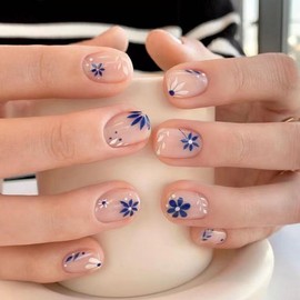 24 Pcs Spring Press on Nails Extra Short Square, ZIFANHU Cute Fake Nails Press ons Nail Tips Glue on Nails Full Cover Acrylic False Nails with Blue Flower Design Stick on Nails for Women