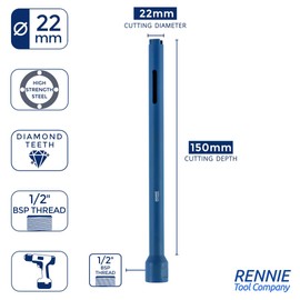 22mm x 300mm Long Diamond Core Drill Bit. To Be Used In Concrete Masonry Brick Block Stone Granite. Diamond Drill Bit Core Drill. 1/2" BSP Thread. For Wet Or Dry Drilling