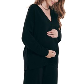 Motherhood Maternity Women's Long Sleeve V-Neck Scuba Pullover Nursing Hoodie, Black, Medium