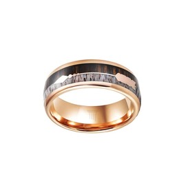 Thin 18K Rose Gold Ring with Deer Antler and Koa Wood Inlay Rustic 6mm Wooden Mens Wedding Bands Tungsten Ring for Men