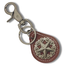 Evenchae Leather Keychain - Texas Star Concho - Gift Bag - 4.75 in Long - Unisex (Brown & Silver)