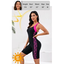 Halcurt Women's Athletic One Piece Swimsuit Knee Length Boyleg Racerback Sport Modest Bathing Suit Black Hot Pink Stripe 2XL