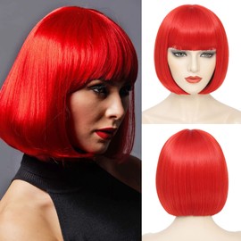 YBYMCAI Red Bob Wig With Bangs Short Red Bob Wigs For Women Straight Bob Bangs Wig 10 Inch Heat Resistant Synthetic Hair Natural Looking For Daily Party Use