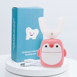 Kids Sonic Electric Toothbrush U Shaped Automatic Timer IPX7 Waterproof 5 Modes 360° Oral Cleaning Teeth Whitening Gums Massage Replaceable Soft Cartoon for 7-15 (Pink Penguin)