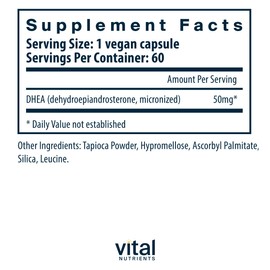 Vital Nutrients DHEA 50 mg (Micronized) | Supports Metabolism, Bone Health, Hormone Levels and Energy Levels* | Gluten, Dairy and Soy Free | Non-GMO | 60 Capsules