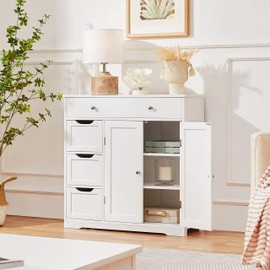 Yaheetech Bathroom Floor Cabinet, Large Storage Space Wooden Organizer with 1 Big Drawer, 3 Small Drawers & 2 Doors, Free-Standing Cupboard for Kitchen/Living Room/Bathroom Use, White