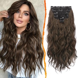 BARSDAR Clip-In Extensions for Women, 50 cm Brown Wavy Clip-In Hair Extensions, 6 Pieces, Thick, Natural, Soft, Synthetic Brown, Clip-In Hairpieces, Hair Extensions - Brown