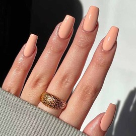 Enppode Nude Press on Nails Medium Length, 24Pcs Coffin Fake Nails for Women, Glossy Nails