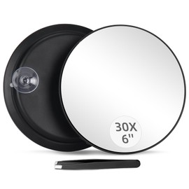 Jadazror Round 30X Magnifying Mirror, 6inch Magnified Mirror with 3 Suction Cups, Compact Magnifying Mirror and Tweezers, 30X Travel Magnification Mirror for Makeup,Shaving,Blackhead Blemish Removal(Black-30X)