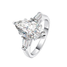 DCFSHEE Classic Platinum Plated Marquise Cut and Baguette CZ Cubic Zirconia Engagement Ring 3-Stone Wedding Promise Rings for Her (US Size 8)
