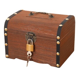 I'm so happy Piggy Bank Treasure Chest with Key Padlock Bill Coin Stylish Interior Antique Small Storage Wooden (Brown/M)