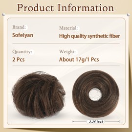 SOFEIYAN 2PCS Messy Bun Hair Piece Wavy Curly Chignon Extension Mini Messy Hair Bun Scrunchies Synthetic Donut Wig Accessory Updo Space Bun Hair Pieces for Women Girls, Darkest Brown & Light Auburn Mixed