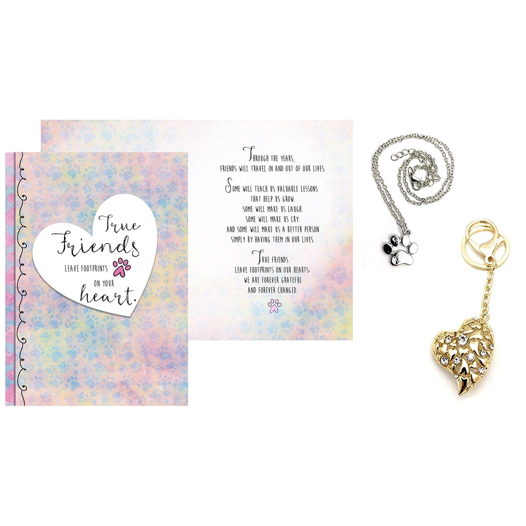 Smiling Wisdom - True Friends Leave Footprints Gold Heart Key Chain Gift Set - Friendship Greeting Card For Special True Best Friend – Her, BFF, Woman, Female - Plus Silver Paw Print Necklace