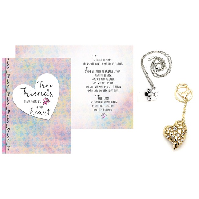 Smiling Wisdom - True Friends Leave Footprints Gold Heart Key Chain Gift Set - Friendship Greeting Card For Special True Best Friend – Her, BFF, Woman, Female - Plus Silver Paw Print Necklace