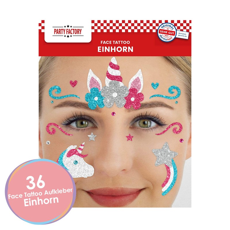 Party Factory Face Tattoo, Unicorn, Temporary Glitter Face Tattoo for