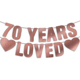 Pre-Strung 70th Birthday Banner - Rose Gold Glitter, 70th Birthday Party Decorations for Women, Happy Seventy Party Sign gifts for Her