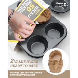 Bake Choice 2 Pack Jumbo Muffin Pan for Baking, Extra Large Cupcake Pan includes 50 Natural Jumbo Cupcake Liners, Muffin Tin Nonstick 6 Cup, Baking Pans Set, Carbon Steel Baking Supplies