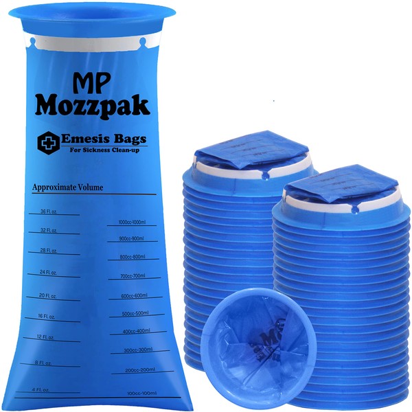 MP MOZZPAK Vomit Bags Disposable – 50 Pack – 1000ml Barf Bags – Leak Resistant, Medical Grade, Portable Emesis Bags, Puke, Throw Up, Nausea Bags for Travel Motion Sickness, Car & Aircraft, Kids, Taxi