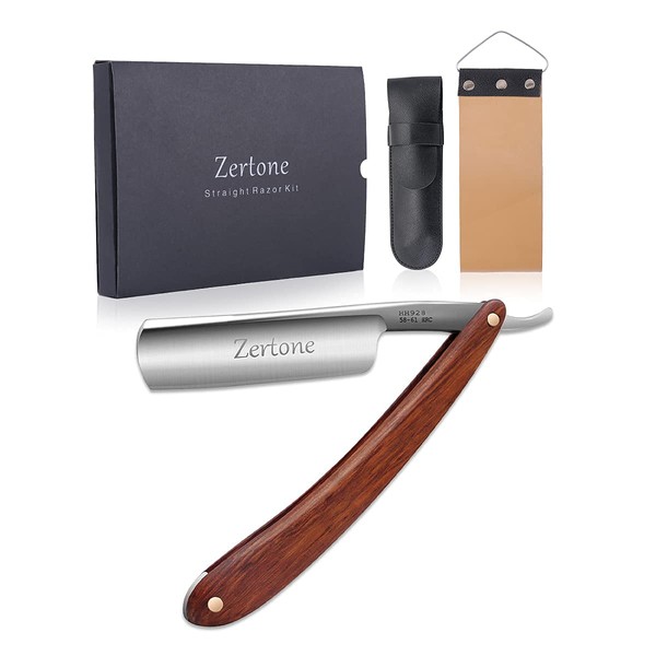 Zertone Straight Razor Kit with Strop - Straight Edge Razor Natural Wood Scale – Sharp, High Hardness Carbon Steel Cutthroat Straight Edge Blade, Vintage Wood Handle, Barber Razor